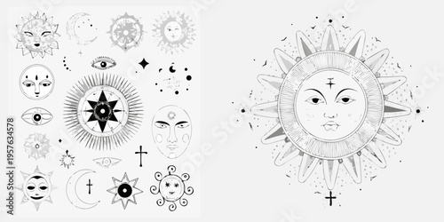 Vintage celestial designs featuring suns moons eyes and ornate floral details