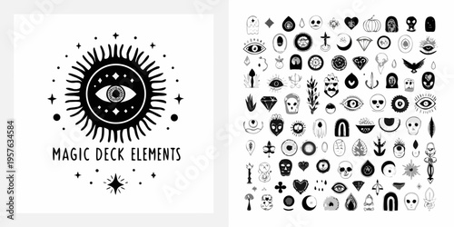 Black and white illustration featuring mystical symbols and magic deck elements