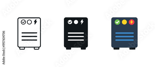 Set of icons representing power supply units with status indicators and electrical symbols