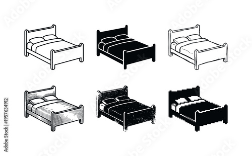 Collection of six different styles of beds, including line art, silhouette, and pixelated designs