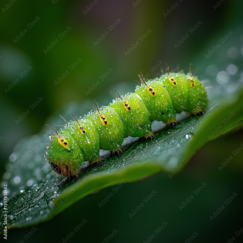 Fototapeta premium Vibrant Green Caterpillar with Water Droplets on Leaf