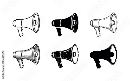 Collection of six megaphone icons in various artistic styles and formats