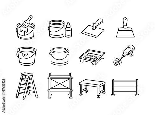 Line style of home build delivery vector icons: paint, primer, plaster, putty; bucket, can, tray, mixer; ladder, scaffold,