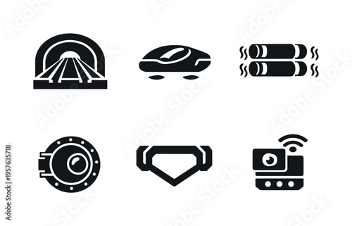 Solid vector icons of undercity maglev corridors: sealed magnetic path, compact levitating pod, propulsion coil set; inspection