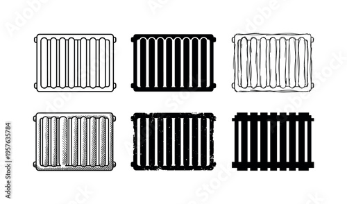Collection of radiator icons in various artistic styles for heating and home comfort