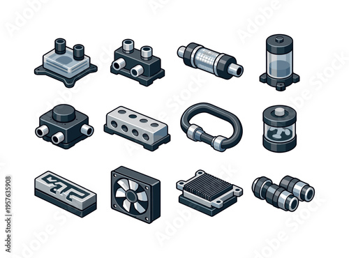 Isometric vector icons of liquid cooling: coolant block, valve module, coolant filter, coolant reservoir, pump head, manifold