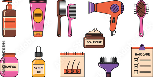 Hair care routine and scalp treatment beauty icon set