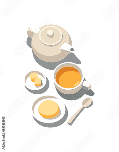 Nordic Tea Ritual. Airy tea time calm ritual emphasizing pause and balance seen in top-down macro perspective, positioned in the