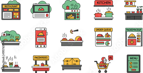 Restaurant management and online food ordering system icon set