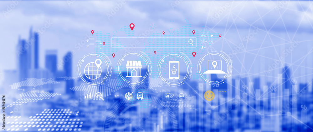 Fototapeta premium LOCAL SEO. Local business reviews and customer feedback system, showcasing star ratings for small businesses, Digital marketing, local SEO, consumer experience in online business reviews. not ai