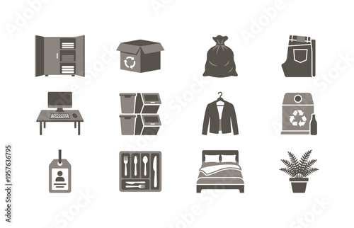 Neat open cabinet, second hand giveaway box, trash sack tied up, compact folded jeans, clear computer desk, modular bin container,