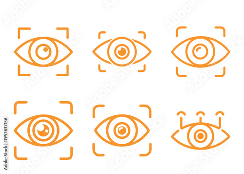 Collection of orange eye icons representing biometrics, vision, and scanning technology