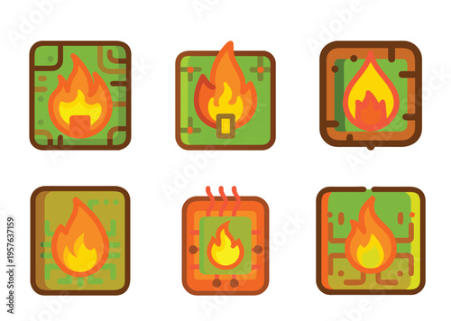 Collection of Creative Iconography Representing Burning Processing Units and Overheated Electronics