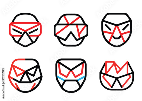 Collection of six red and black face masks representing different characters