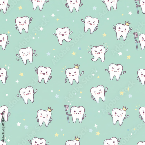  Adorable seamless pattern with cute kawaii tooth characters. Happy, smiling teeth on a mint background with stars. Ideal for pediatric dentistry.. Vector illustration