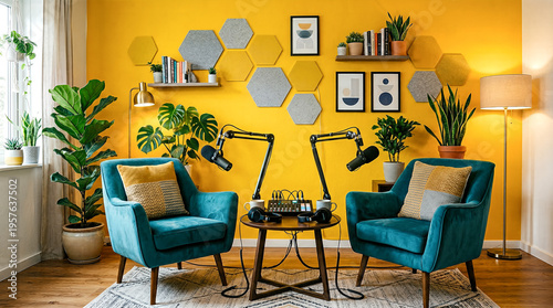 A vibrant modern podcast studio featuring bold teal armchairs against a bright yellow wall, professional microphones, lush indoor plants, and cozy, warm floor lamp lighting.