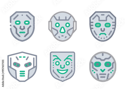 Various styles of scifi or robotic masks rendered in flat design