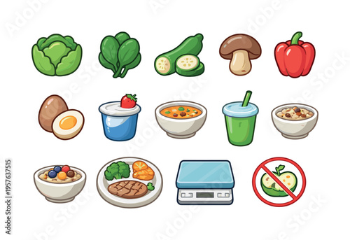 Solid vector icons of low calorie meals: lettuce, spinach, zucchini, mushroom, bell pepper, egg, yogurt cup, soup bowl, smoothie