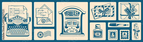 Wide mail aesthetic background with isolated vintage postal stickers. Features typewriter, package, envelope, letter, post box. Monochrome retro service elements