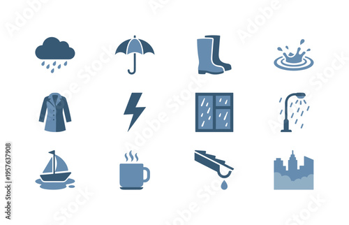 Dark cloudburst icon, curved umbrella shelter, tall galoshes footwear, splashing water ripple, trench coat silhouette, electric