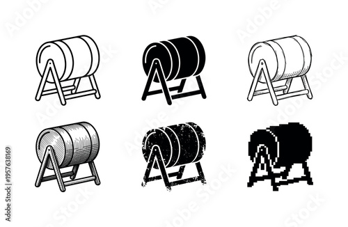 Set of six different barrel icons on stands, showcasing various artistic styles and textures