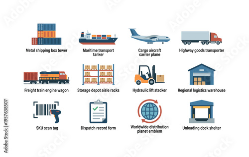 Metal shipping box tower, maritime transport tanker, cargo aircraft carrier plane, highway goods transporter, freight train engine