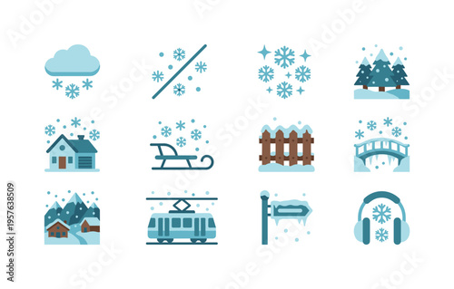 Winter cloud releasing snowflakes, steady snowfall indicator, sparkling flake shower emblem, pine forest in snow, suburban home in