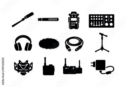 Filming Equipment Icons. Solid vector icons of filming equipment: boom pole, shotgun capsule, audio recorder, mixer, headphone,