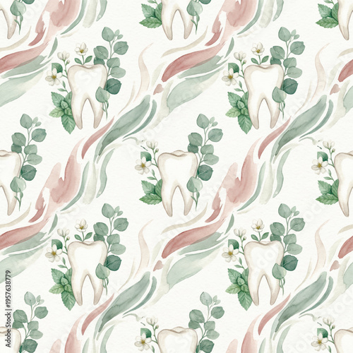 Gentle and elegant watercolor seamless pattern. A beautiful background for dentistry, oral hygiene products, and natural health concepts. Vector illustration