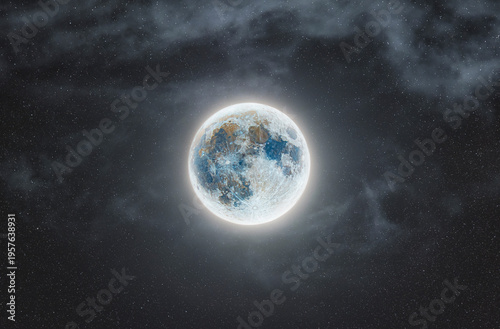 Full Moon with Starry and Cloudy Night Sky, Detailed Lunar Photography - Artemis