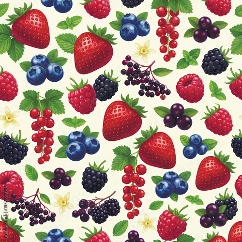 Vibrant and juicy seamless background of fresh summer berries. Perfect for food packaging, fabric prints, and healthy lifestyle designs. Vector illustration