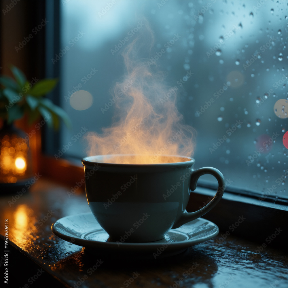 Fototapeta premium Steam from Hot Tea Rain Outside Window. Generative ai.