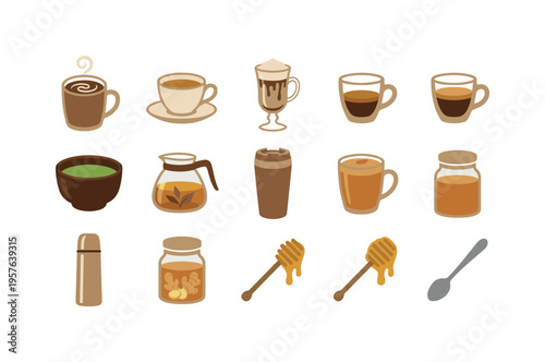 Hot cocoa mug with steam swirl, porcelain teacup on saucer, mocha drink glass, ristretto cup, matcha bowl beverage, glass kettle