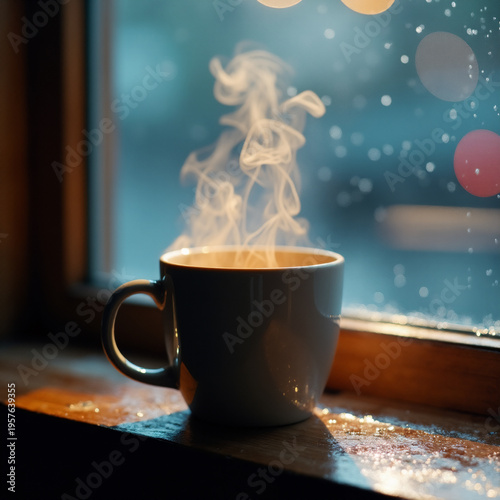 Warm Tea with Rain Falling Outside the Window. Generative ai.