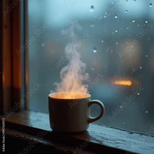 Hot Coffee by the Window on a Rainy Day. Generative ai.