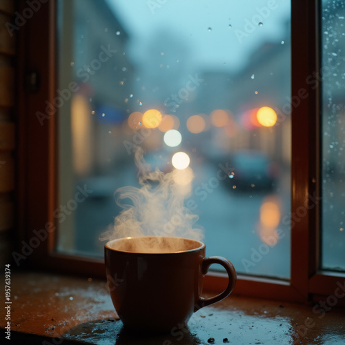 Hot Coffee by the Window on a Rainy Day. Generative ai.