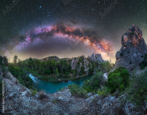 Milky Way Arch Over Mountain Valley and River, Hoces and Cuchillos del Cabriel