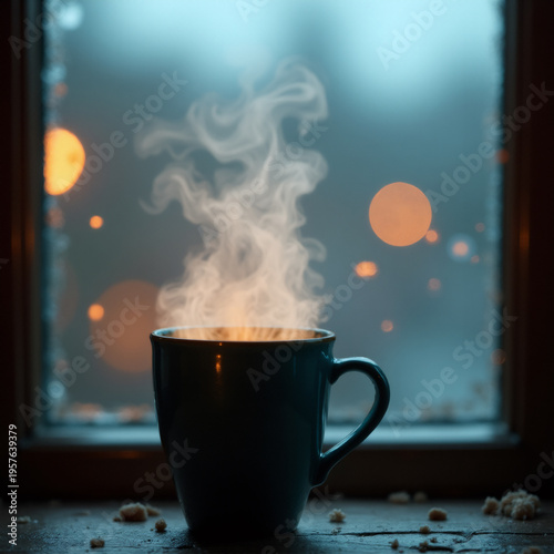 Hot Coffee by the Window on a Rainy Day. Generative ai.