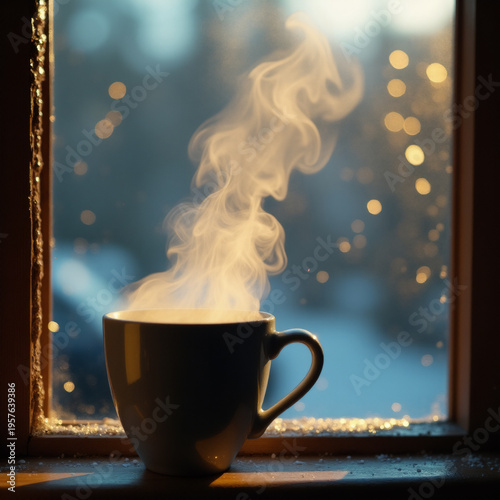 Hot Coffee by the Window on a Rainy Day. Generative ai.