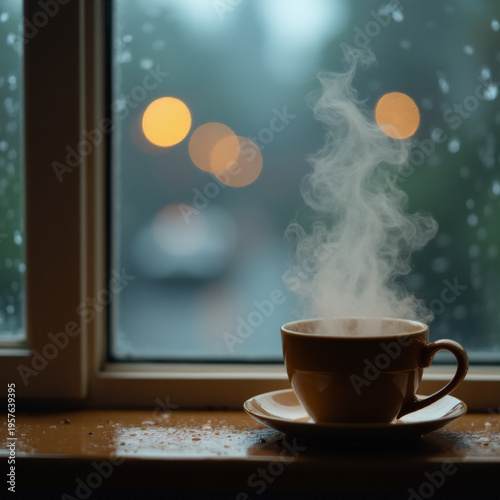 Hot Coffee by the Window on a Rainy Day. Generative ai.