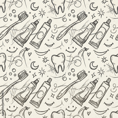 Charming and playful seamless pattern featuring hand-sketched dental elements. Fun design for pediatric dentistry, clinic decor, and health awareness.Vector illustration