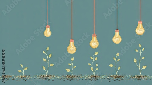 Growing plants and lightbulbs concept illustration on teal background