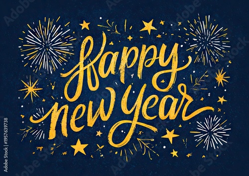 Happy new year festive celebration design with fireworks and stars