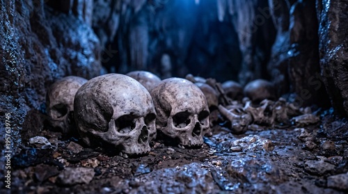 Human skulls piled on rocky ground inside dark cave. Ancient burial site or archaeological discovery. Scary atmosphere, mystery, danger and death concept for gothic horror theme.