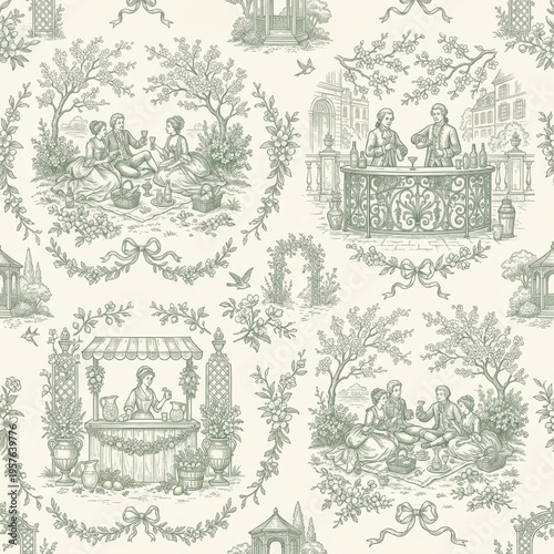 Elegant seamless background in classic Toile de Jouy style. Features romantic pastoral scenes, perfect for wallpaper, fabric, and vintage designs. Vector illustration