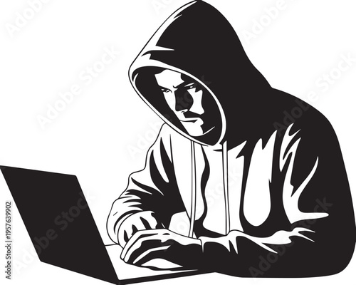 Anonymous hacker dressed in a hooded sweatshirt typing on a laptop computer in dark shadow showing intense concentration on screen concept