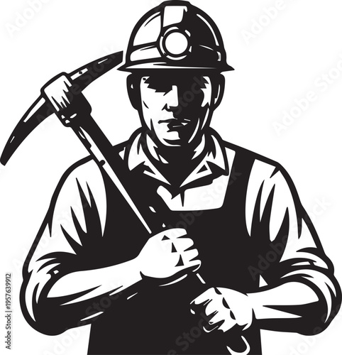 Black and white drawing of serious coal miner wearing hard hat holding sharp pickaxe over shoulder powerfully