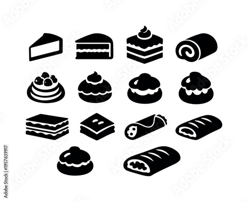 Solid vector icons of pastry dessert assortment: cheesecake slice, sponge cake, layer cake, roulade, pavlova, choux bun, cream