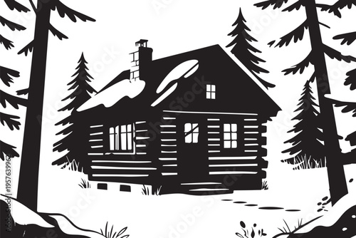 Charming winter landscape with log cabin house hidden among tall pine trees and snowy ground footprints leading toward wooden front door