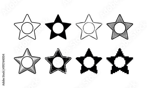 Collection of eight different star shapes with a central circle, diverse styles and textures